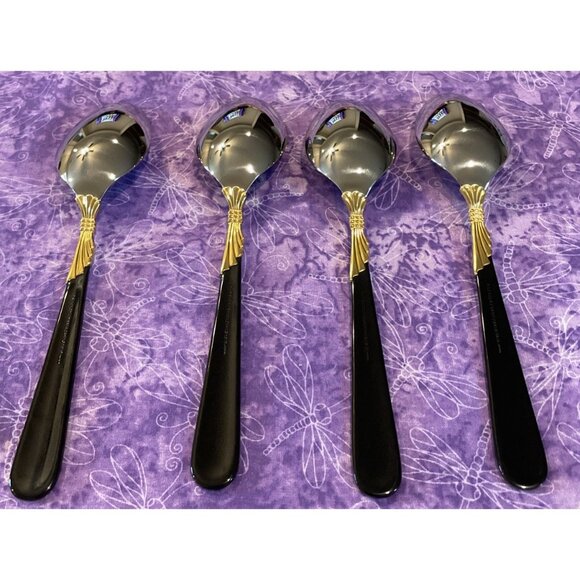 Yamazaki Lindi Oval Soup Spoons Stainless Black Handle Gold Accent Set Of 4 VTG - Picture 2 of 4